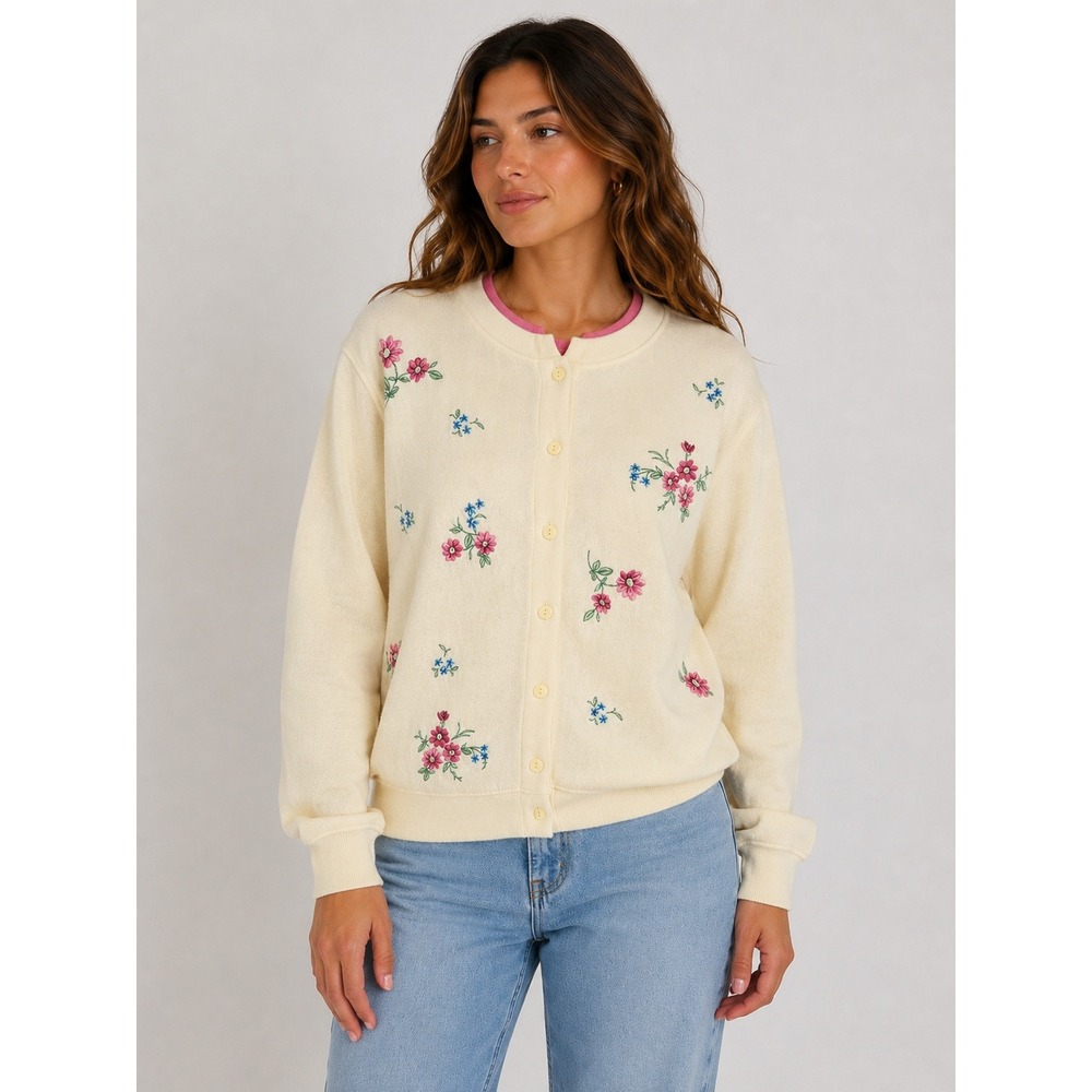 Shenanigans Womens Small Yellow Floral Embroidered Button Front Cardigan Fleece